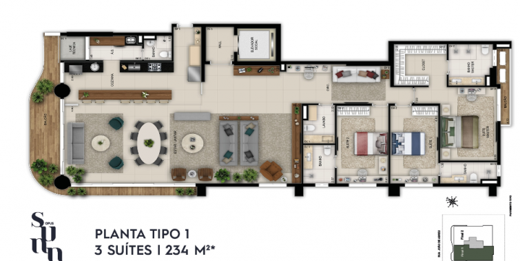 planta tipo 1 3 suítes 234m²