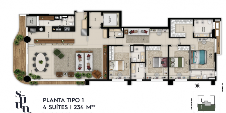 planta tipo 1 4 suítes 234m²