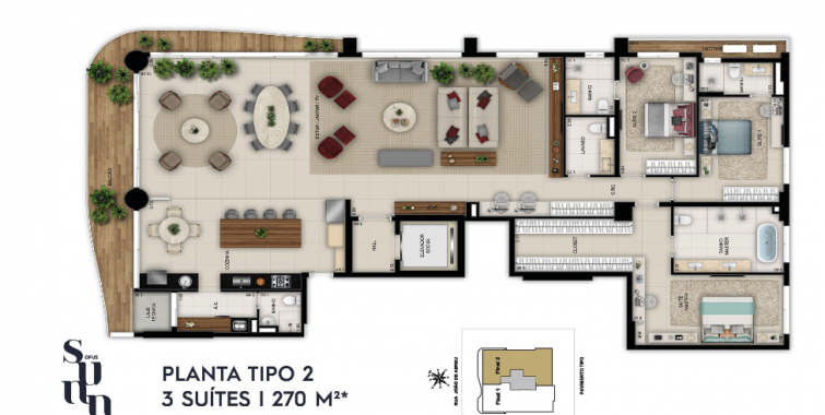 planta tipo 2 3 suítes 270m²