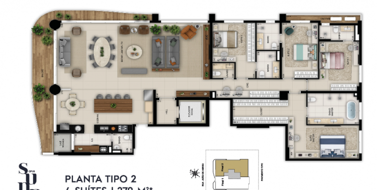 planta tipo 2 4 suítes 270m²